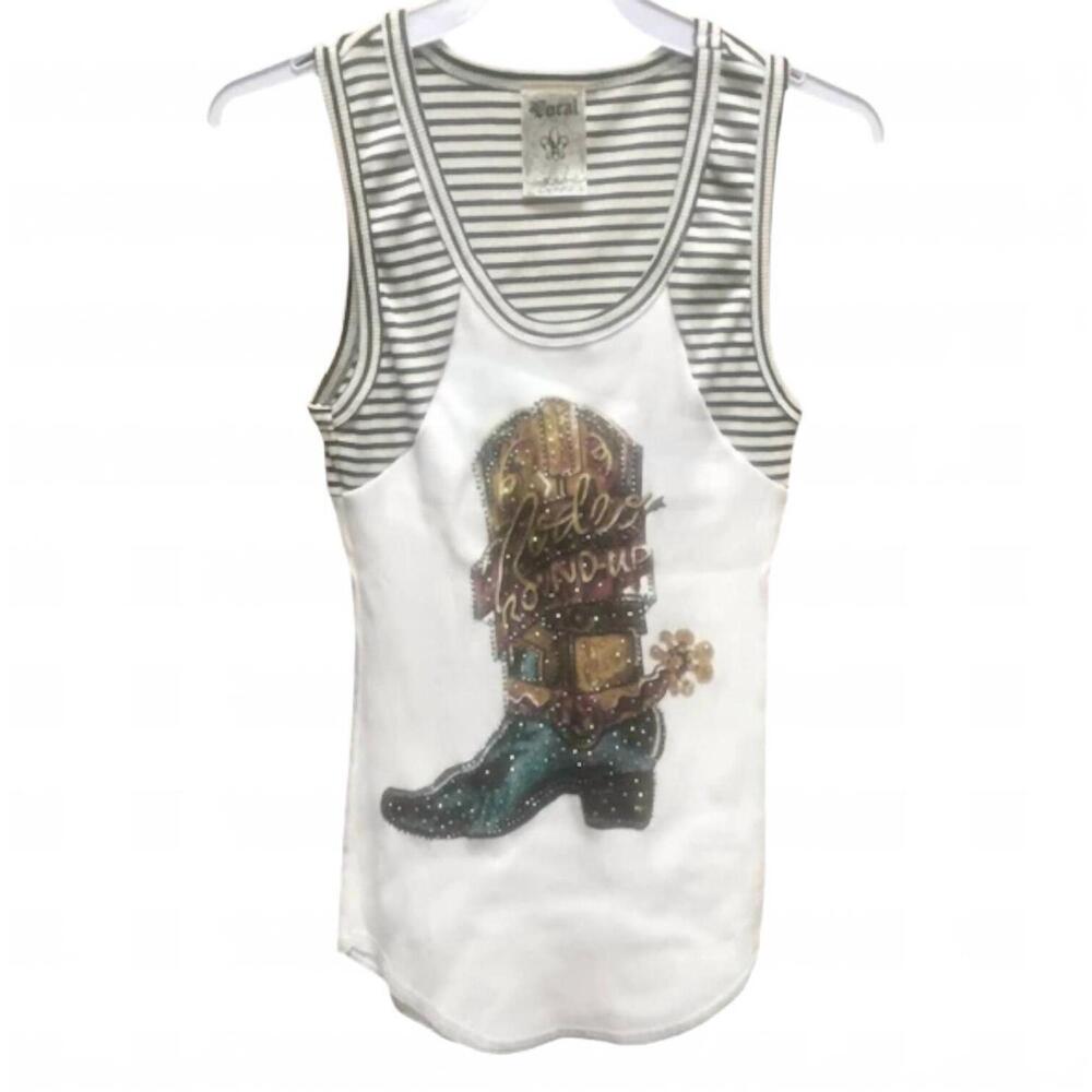 NEW VOCAL APPAREL women's sleeveless roundup rodeo tee in white